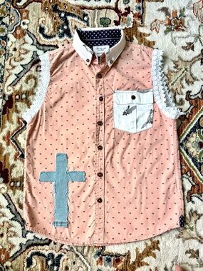 Upcycled Shirt Peach Lace Denim Cross OOAK Jesus Christian Size Med